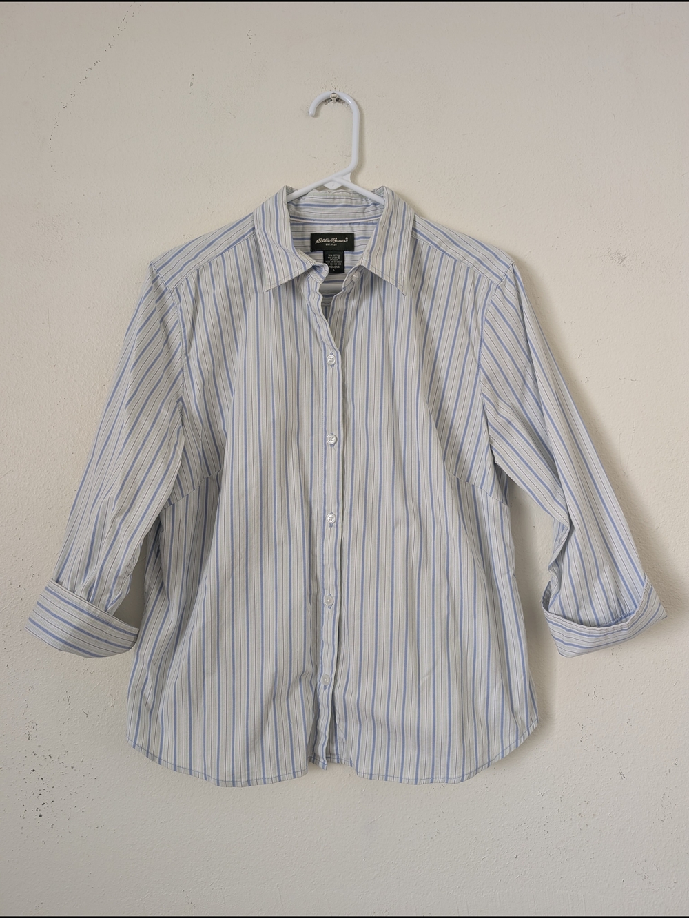 Eddie Bauer Button-Up Stretch Cotton Blouse, Blue White Green Stripe, Size Large